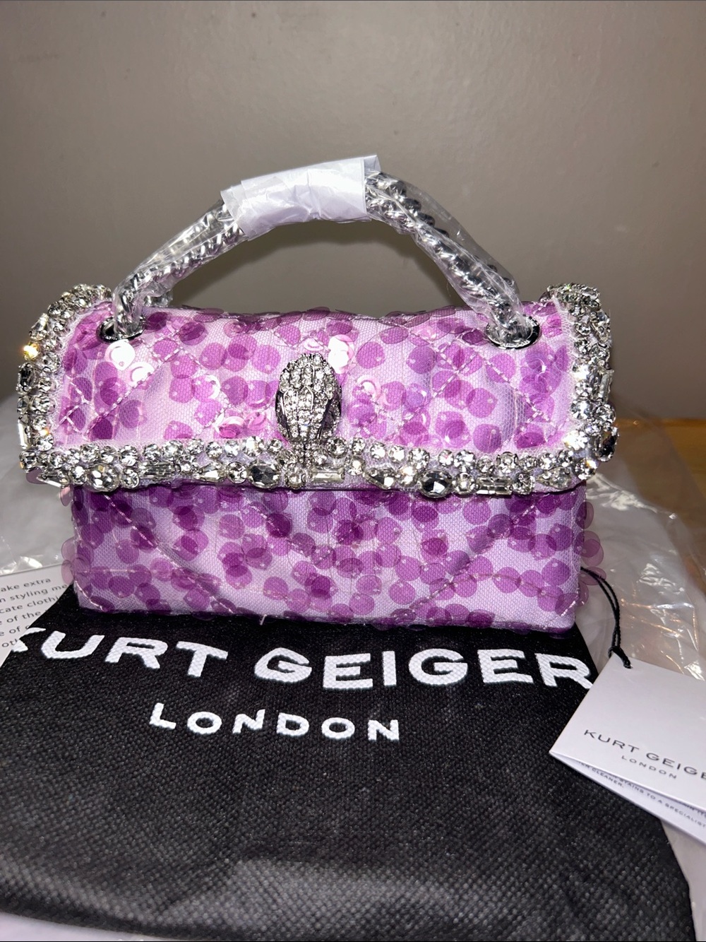 Kurt Geiger Kensington embellished Lilac with sequins&,silver chain NWT